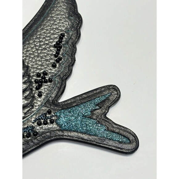 Coach Beaded Dark Teal Blue Bird Keychain Bag Charm Retro Keyfob 3.5" Glitter - Picture 6 of 13